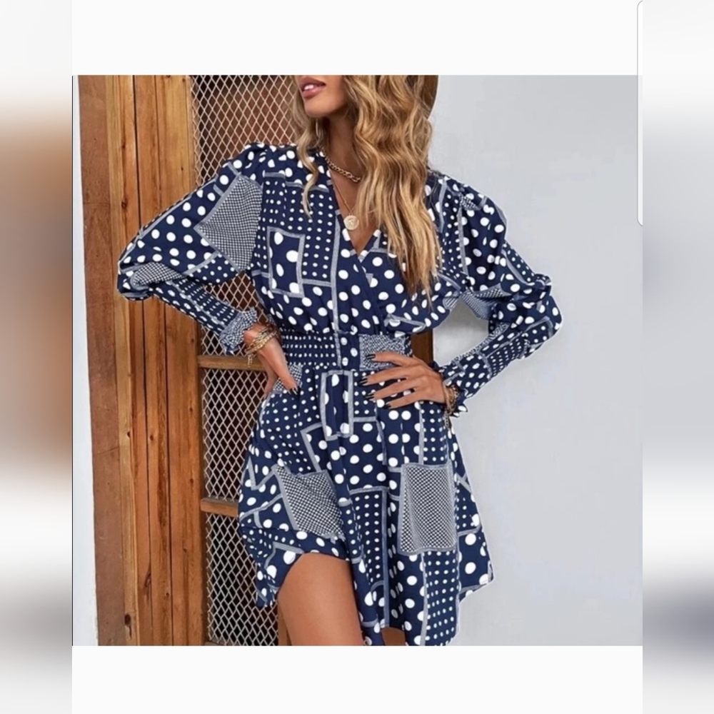 Shein - Womens Blue & White Polka Dot Dress